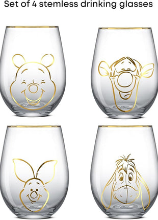 JoyJolt Disney Winnie the Pooh Gold Sketch Stemless Drinking Glasses Set of 4, 19oz Glass Cups ft Pooh Bear Tigger Piglet Eeyore, Disney Kitchen Glassware Set, Winnie the Pooh Adult Gifts