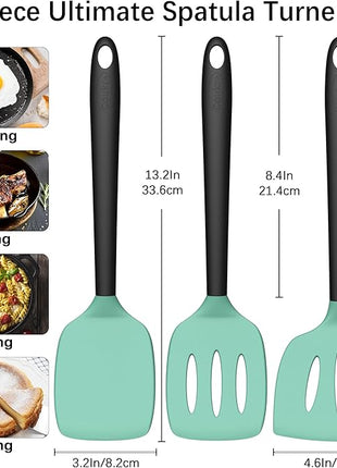Coukre 3 Pack Silicone Spatula Set, High Heat Resistant, BPA-Free, Fish Spatula, Solid & Slotted Turner for Non-Stick Pans, Flipping Eggs, Pancakes, Fish, Burgers (3, AquaGreenBlack)