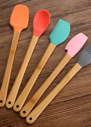 KSENDALO Small Spatulas for Kitchen Use,Silicone Mini Spatula Small Rubber Scraper Heat Resistant Tiny Spatula for Baking Cookie with Bamboo Handle, Colorful
