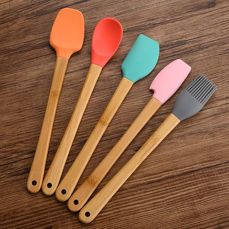 KSENDALO Small Spatulas for Kitchen Use,Silicone Mini Spatula Small Rubber Scraper Heat Resistant Tiny Spatula for Baking Cookie with Bamboo Handle, Colorful