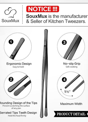 2 Pcs 12-inch Cooking Tweezers Tongs Precision Serrated Tips, Stainless Steel Professional Chef Tweezer Kitchen Tools for BBQ, Plating and Serving (Black)