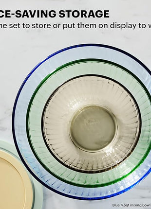 Pyrex Colors Tinted 4-PC, Small/Medium Glass Mixing Bowls With Lids, Nesting Space Saving Set of Bowls For Prepping and Baking, 1.3QT & 2.3QT