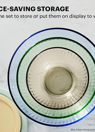 Pyrex Colors Tinted (3-Pack, Full Set) Sculpted Tinted Glass Mixing Bowls With Lids, Nesting Space Saving Set of Bowls For Prepping and Baking, 1.3QT, 2.3QT & 4.5Q