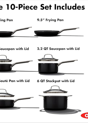 OXO Agility Series 10 Piece Cookware Pots and Pans Set, Ceramic Nonstick PFAS-Free, Induction, Skillets,Saucepans,Lids,Even Heating,Stainless Steel Handles,Chip-Free Rims,Dishwasher & Oven Safe,Black