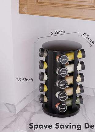 New England Stories Revolving Spice Rack Set with 20 Spice Jars, Kitchen Spice Tower Organizer for Countertop or Cabinet - Carousel Storage Includes 386 Spice Labels (Black)