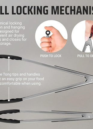 Kaluns Kitchen Tongs for Cooking Grilling Set of 4, BBQ Grill Tongs With Silicone Tip Stainless Steel Heat Resistant, Non-stick Pull Lock, Incl 7, 9, 12 Inch Tong Plus a Silicone Spatula