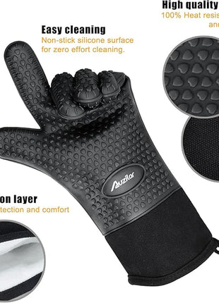 Silicone Cooking Gloves, Grilling Gloves, Heat Resistant Gloves BBQ Kitchen Silicone Oven Mitts, Long Waterproof Non-Slip Potholder for Barbecue, Cooking, Baking