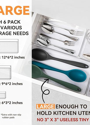 6 Pack Large Clear Plastic Drawer Organizer Trays, Acrylic Kitchen Drawer Organization and Storage Dividers, Non-Slip Storage Bins for Makeup, Kitchen Utensils, Bathroom, Jewelries and Office Desk