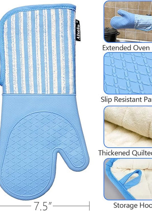 Silicone Oven Mitts Heat Resistant 932℉ with Waterproof & Non-Slip Kitchen Mittens, Set of 2 Extra Long Oven Gloves with Soft Cotton Terry Lining for Baking Cooking Barbecue (2, Blue Mitts)