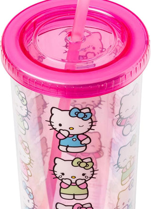 Silver Buffalo Sanrio Hello Kitty Expressions Poses Plastic Cold Cup with Lid and Straw, 20 Ounces