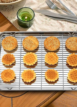 Wildone Baking Sheet & Rack Set [2 Sheets + 2 Racks], Stainless Steel Cookie Pan with Cooling Rack, Size 16 x 12 x 1 Inch, Non Toxic & Heavy Duty & Easy Clean
