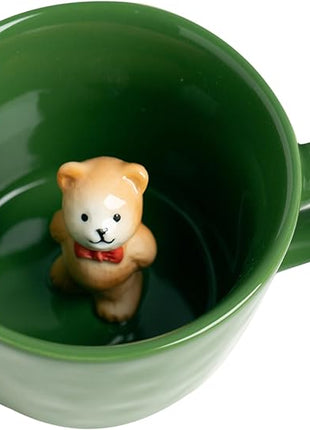 DIHOclub Bow Tie Bear Coffee Cup Hidden Ceramic Animal Inside Mug,Cute Cartoon Handmade Figurine Mugs,Holiday and Birthday Gift for Coffee Milk Tea Lovers,12 Oz(Green)
