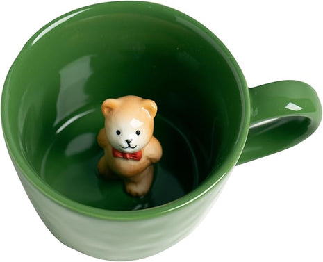 DIHOclub Bow Tie Bear Coffee Cup Hidden Ceramic Animal Inside Mug,Cute Cartoon Handmade Figurine Mugs,Holiday and Birthday Gift for Coffee Milk Tea Lovers,12 Oz(Green)