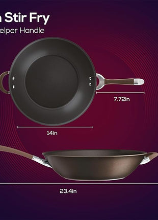 Circulon Symmetry Hard Anodized Nonstick Stir Fry / Wok Pan with Helper Handle - 14 Inch, Chocolate