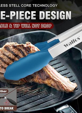 Walfos Kitchen Tongs - 7" 9" and 12" Heat Resistant Food tongs, Thickened Stainless Steel and BPA Free Silicone Tips, Great for Cooking, Grilling, Turning, Dishwasher safe(3 blue silicone tongs)
