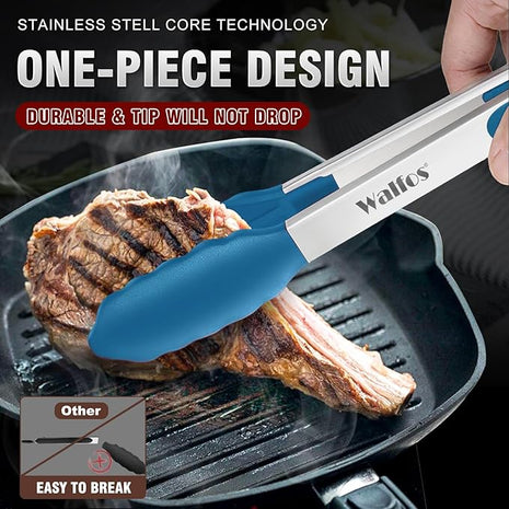 Walfos Kitchen Tongs - 7" 9" and 12" Heat Resistant Food tongs, Thickened Stainless Steel and BPA Free Silicone Tips, Great for Cooking, Grilling, Turning, Dishwasher safe(3 blue silicone tongs)