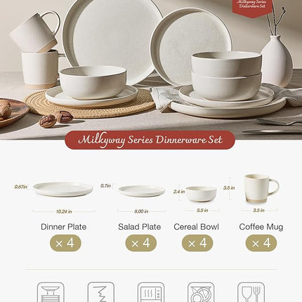 Famiware Milkyway Stoneware Dinnerware Sets with Mugs, Service for 4 (16 Pieces), Reactive Glaze Plates and Bowls Sets, Microwave and Dishwasher Safe Dishes Set, Matte Beige White