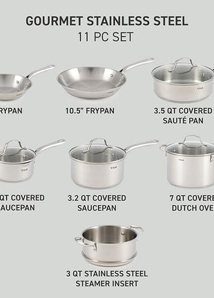 T-fal Stainless Steel Cookware Set, 11 Piece, Induction Cookware, Oven Safe to 500°F, Kitchen Cooking Set w/Fry Pans, Pots and Pans, Dutch Oven, Saucepans, Kitchen Essentials, Silver