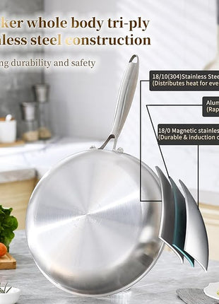 DELARLO Tri-ply Stainless Steel Frying Pan Set with Lid 8" 12" Induction large Skillets Chef's Pan,Pots and Pans Set Kitchen Cookware Set Suitable for All Stove