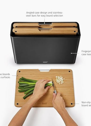 Joseph Joseph Folio 3-Piece Premium Bamboo Cutting Board Set, Slimline Stainless Steel Case for Organized Kitchen Storage