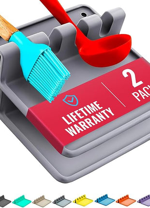 Silicone Spoon Rest for Stove Top with Drip Pad (2 Pack) - Heat Resistant BPA Free Utensil Rest & Kitchen Spoon Holder for Kitchen Counter - Grill Countertop - Spatula Holder, Tongs, Ladle - Gray