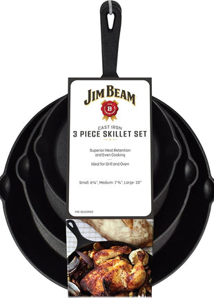 Jim Beam HEA Set of 3 Pre Seasoned Cast Iron Skillets with Even Distribution and Heat Retention-6" 8" 10", 10'', Black,JB0195