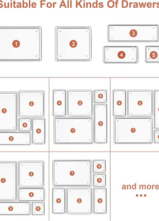 SMARTAKE 16-Piece Drawer Organizer with Non-Slip Silicone Pads, 5-Size Desk Storage Tray for Makeup, Jewelries, Utensils in Bedroom Dresser, Office and Kitchen, Clear