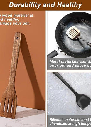 Wooden Spoons for Cooking 7-Piece, Kitchen Nonstick Wood Cooking Utensils Set, Durability Wooden Spatula Spoon for Everyday Use, Brown