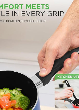 NutriChef 15-Piece Non Stick Kitchen Cookware Set PFOA/PFOS-Free, Colorful Heat Resistant Lacquer w/Saucepot, Frying Pans, Oven Pot, Lids, 5 Utensil - NCCWCOR15