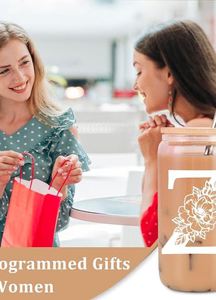 Coolife Initial Glass Cup, Monogrammed Gifts for Women, 16 oz Glass Cups w/Lids Straws, Iced Coffee Smoothie Beer Tumbler w/Straw Lid - Personalized Christmas, Birthday Gifts for Her Mom Friend Woman