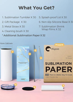Hiipoo 30 Pack Sublimation Tumblers Blank 20 oz Straight Skinny with Sublimation Papers, Lids and Straws, Shrink Wrap Films, Stainless Steel Double Wall Insulated Tumbler for Mug Press Machine