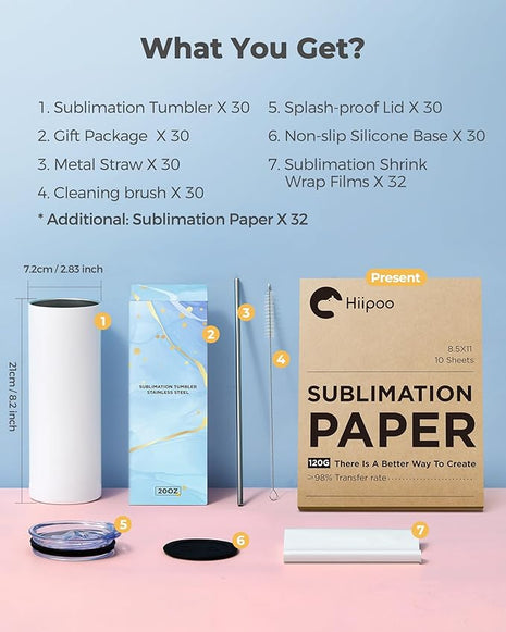 Hiipoo 30 Pack Sublimation Tumblers Blank 20 oz Straight Skinny with Sublimation Papers, Lids and Straws, Shrink Wrap Films, Stainless Steel Double Wall Insulated Tumbler for Mug Press Machine