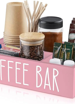 ALELION ALEION Coffee Station Organizer - Wood Countertop Accessories Organizer with Removable Dividers for Pods Condiment Syrup Tea Cups Stirrers - Pink Decor for Kitchen Coffee Bar