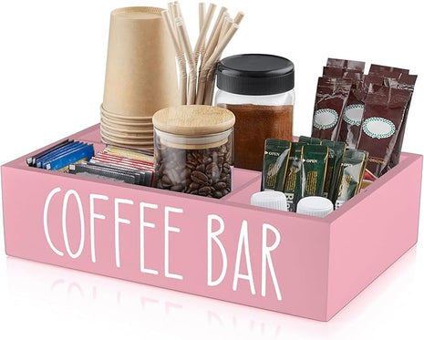 ALELION ALEION Coffee Station Organizer - Wood Countertop Accessories Organizer with Removable Dividers for Pods Condiment Syrup Tea Cups Stirrers - Pink Decor for Kitchen Coffee Bar