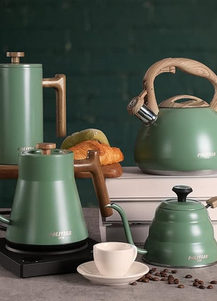 Poliviar Tea Kettle, 2.7 Quart Seaweed Green Finish with Wood Pattern Handle Loud Whistle Food Grade Stainless Steel Teapot, Anti-Hot Handle and Anti-Rust, Suitable for All Heat Sources (JX2020-SB30)