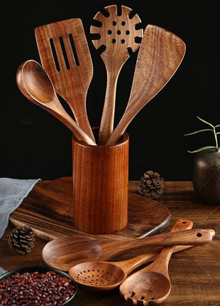 Wooden Kitchen Cooking Utensils, NAYAHOSE 8 Pcs Natural Teak Wooden Spoons Spatulas and Wooden Storage Barrel for Non-stick Pan
