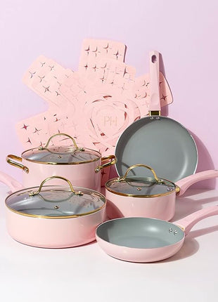 Paris Hilton Epic Nonstick Pots and Pans Set, Multi-layer Nonstick Coating, Tempered Glass Lids, Soft Touch, Stay Cool Handles, Made without PFOA, Dishwasher Safe Cookware Set, 12-Piece, Pink