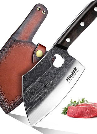 Huusk Serbian Chef Knife with Full Tang Handle Forged Butcher Knives for Meat Cutting Meat Cleaver Knife with Sheath for Halloween Kitchen Hunting or Camping Christmas Gift for Men and Women