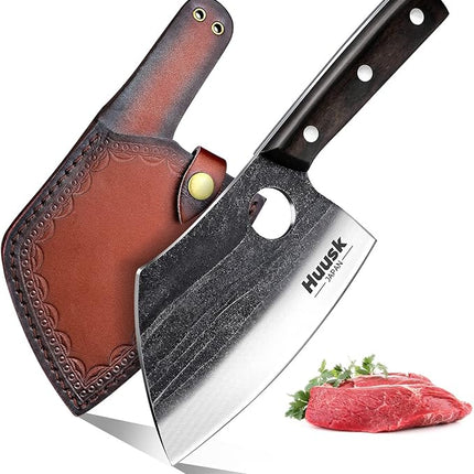 Huusk Serbian Chef Knife with Full Tang Handle Forged Butcher Knives for Meat Cutting Meat Cleaver Knife with Sheath for Halloween Kitchen Hunting or Camping Christmas Gift for Men and Women
