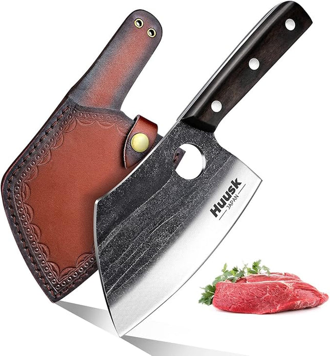 Huusk Serbian Chef Knife with Full Tang Handle Forged Butcher Knives for Meat Cutting Meat Cleaver Knife with Sheath for Halloween Kitchen Hunting or Camping Christmas Gift for Men and Women