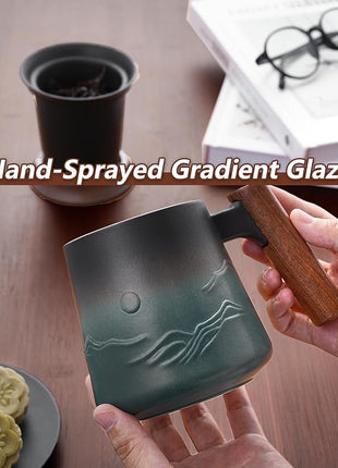 ZENS Embossed Ceramic Tea Mug with Infuser and Lid, 14.5 oz Wooden Handle, Loose Leaf Tea Steeper Cup & Strainer for Tea Lovers Gifts