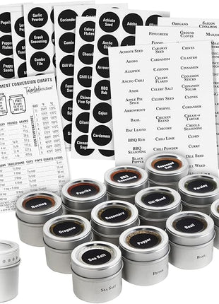 Talented Kitchen Magnetic Spice Jars for Refrigerator - 3 oz, Stainless Steel, Set of 12 - Spice Containers with Labels - Magnetic Travel Containers & Camper Must-Haves