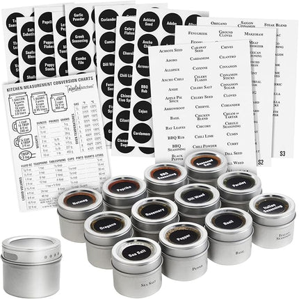 Talented Kitchen Magnetic Spice Jars for Refrigerator - 3 oz, Stainless Steel, Set of 12 - Spice Containers with Labels - Magnetic Travel Containers & Camper Must-Haves