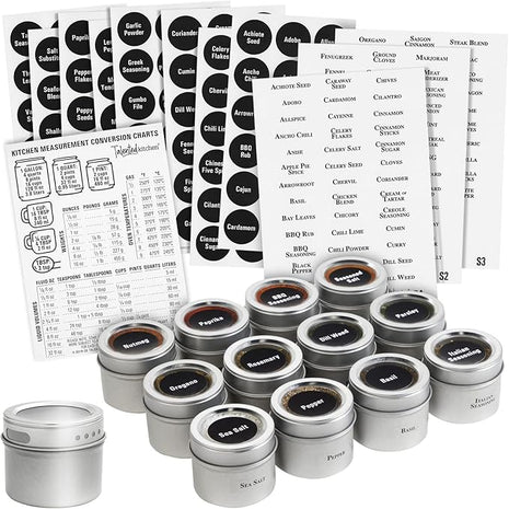 Talented Kitchen Magnetic Spice Jars for Refrigerator - 3 oz, Stainless Steel, Set of 12 - Spice Containers with Labels - Magnetic Travel Containers & Camper Must-Haves