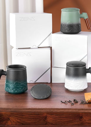 ZENS Tea Cup with Infuser and Lid for Loose Leaf Steeping, 16.9oz Embossed Ceramic Tea Infuser Mug, Wood Handle Tea Diffuser, Great Gift