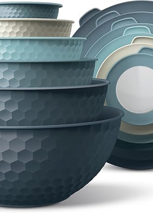 COOK WITH COLOR Mixing Bowls with Lids - 12 Piece Plastic Nesting Bowls Set includes 6 Prep Bowls and 6 Lids, Non Slip Bottom and Embossed Design - Microwave Safe (Blue)