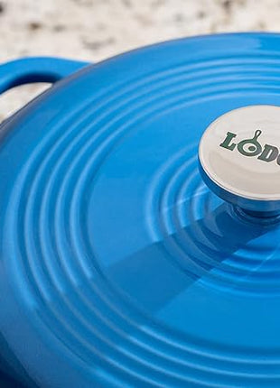 Lodge 6 Quart Enameled Cast Iron Dutch Oven with Lid – Dual Handles – Oven Safe up to 500° F or on Stovetop - Use to Marinate, Cook, Bake, Refrigerate and Serve – Blue