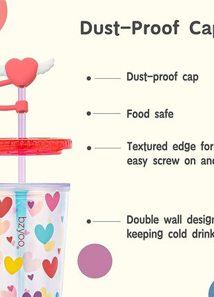 bzyoo 24 oz SIP Tumbler with Heart-Shaped w/Wing Straw Cap Cover – Cute Heart Design Iridescent Tumbler, BPA-Free Cup with Lid and Straw, Perfect for Iced Coffee, Tea, Party and Gift