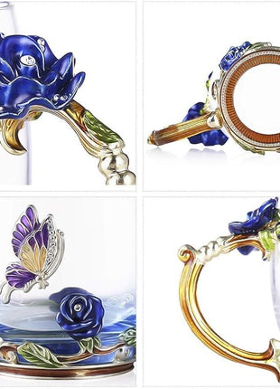 Handicraft Crystal Glass 3D Flower Cups Tea Mug With Tea Spoon Women Coffee, Tea, Juice, Beer, Milk Hot And Cold Drinks Use Gift Package. (Rose Blue Coffee Cup, 11 OZ)