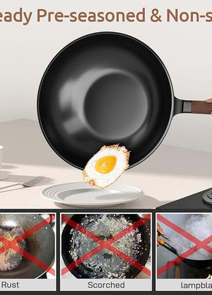 Carbon Steel Wok - Including Glass Cover and Silicone Spatula, 13-Inch Woks & Stir-Fry Pans for Induction, Electric, Gas Stoves